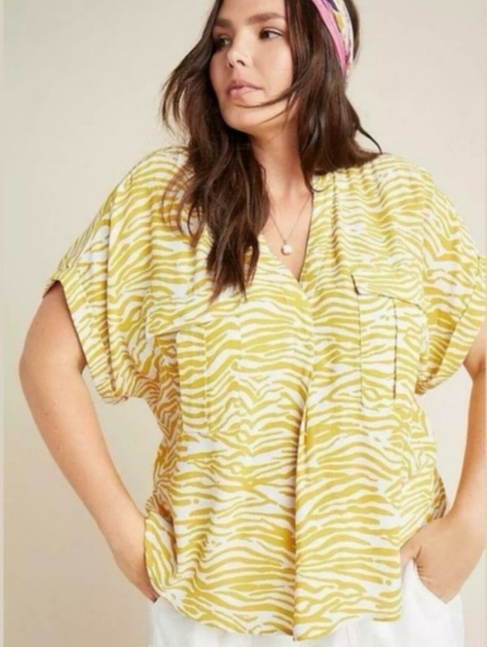 MAEVE by Anthropologie Amira Utility Blouse Mustard White Zebra Print Size 1X